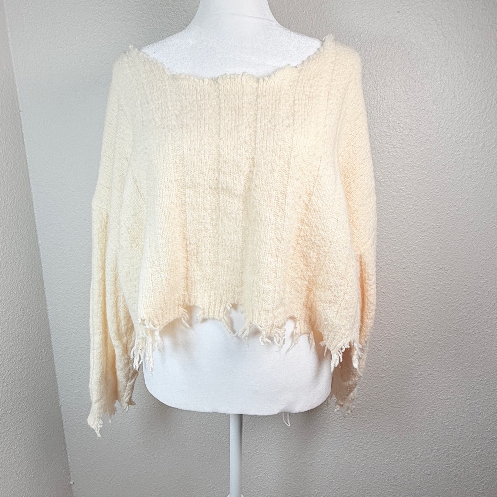 American Threads Off-Shoulder Frayed Cream Sweater
